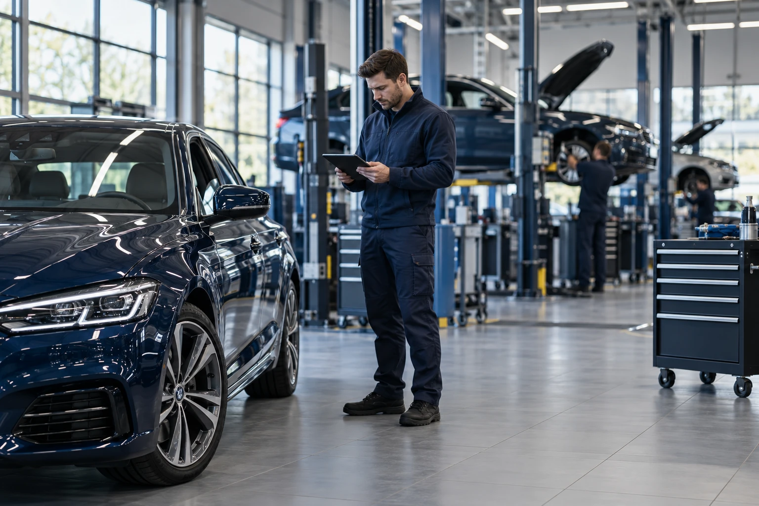 Illustrative automotive workshop with a technician using a tablet beside a vehicle.