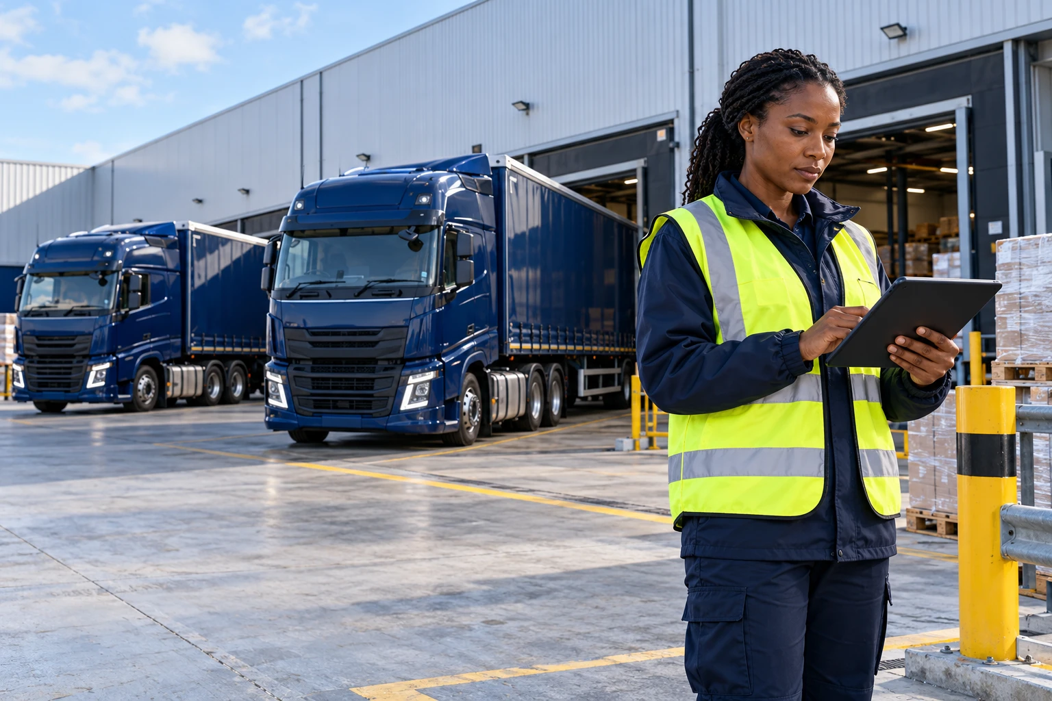 Illustrative distribution centre with a logistics supervisor using a tablet and heavy goods vehicles at loading bays.